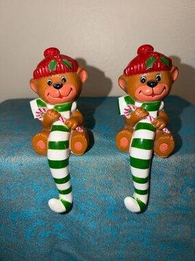 Vintage Pair Holiday Bear Stocking Hanger Teddy Bear Christmas Shelf Sitter 1982